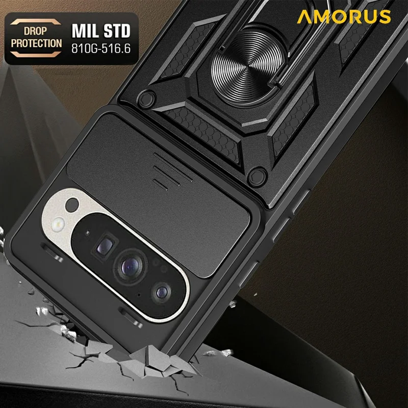 AMORUS For Google Pixel 9 / 9 Pro Case Kickstand PC + TPU Phone Cover with Camera Lens Slider - Black