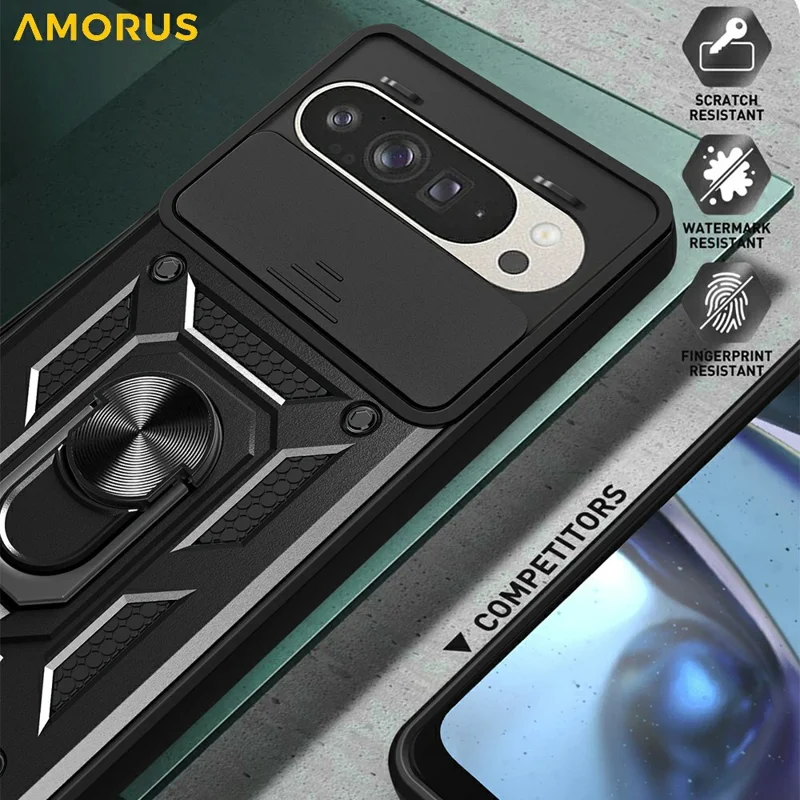 AMORUS For Google Pixel 9 / 9 Pro Case Kickstand PC + TPU Phone Cover with Camera Lens Slider - Black