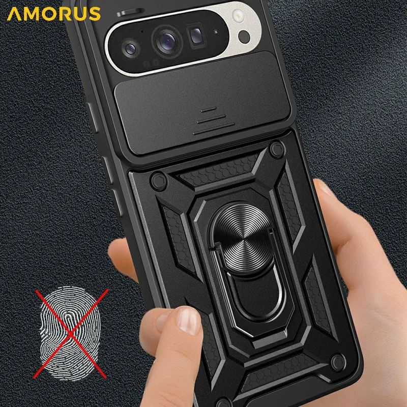AMORUS For Google Pixel 9 / 9 Pro Case Kickstand PC + TPU Phone Cover with Camera Lens Slider - Black