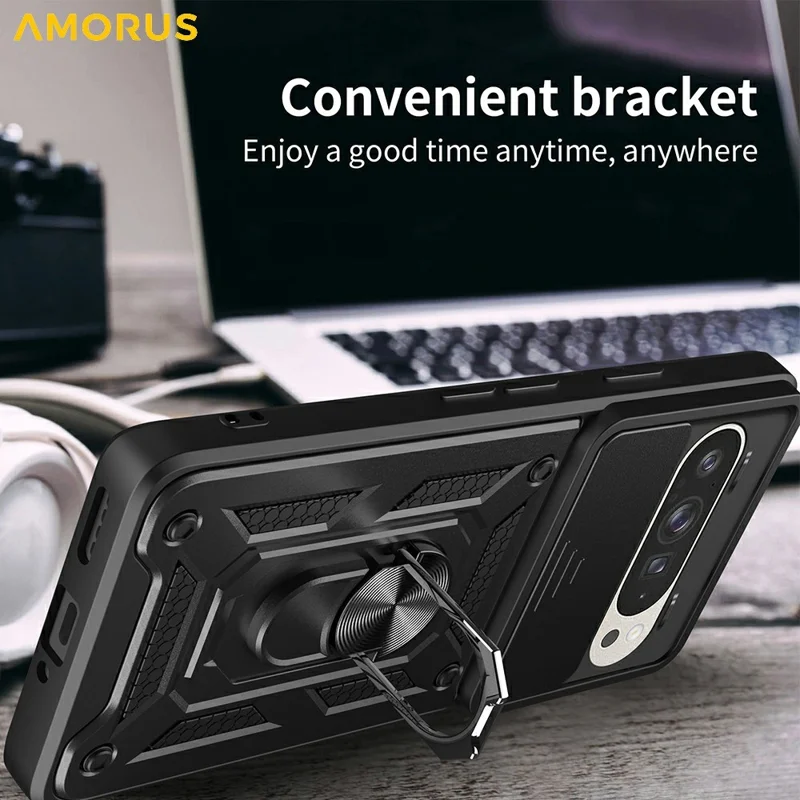AMORUS For Google Pixel 9 / 9 Pro Case Kickstand PC + TPU Phone Cover with Camera Lens Slider - Black