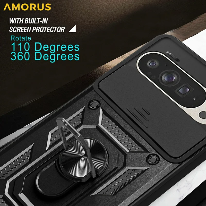 AMORUS For Google Pixel 9 / 9 Pro Case Kickstand PC + TPU Phone Cover with Camera Lens Slider - Black
