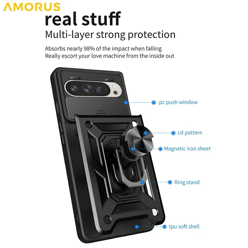 AMORUS For Google Pixel 9 / 9 Pro Case Kickstand PC + TPU Phone Cover with Camera Lens Slider - Black