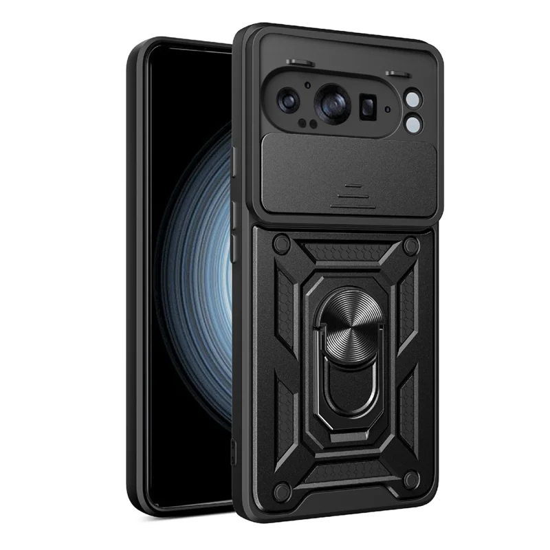 AMORUS For Google Pixel 9 Pro XL Case Kickstand PC + TPU Phone Cover with Camera Lens Slider - Black