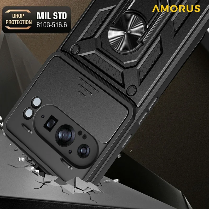 AMORUS For Google Pixel 9 Pro XL Case Kickstand PC + TPU Phone Cover with Camera Lens Slider - Black