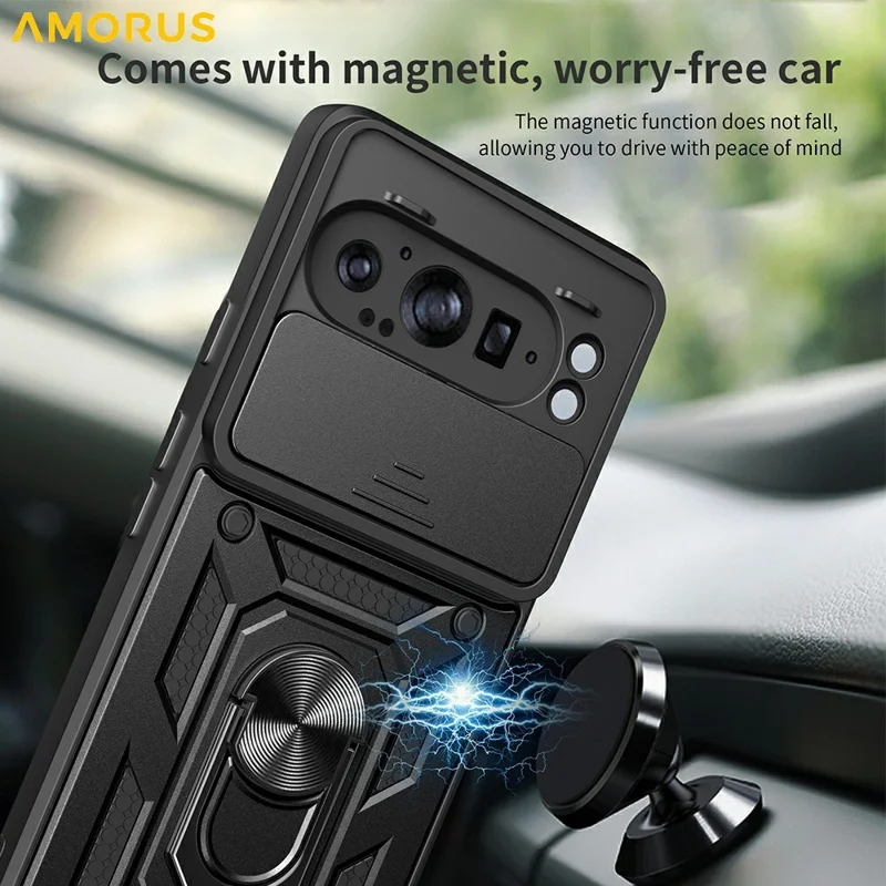 AMORUS For Google Pixel 9 Pro XL Case Kickstand PC + TPU Phone Cover with Camera Lens Slider - Black