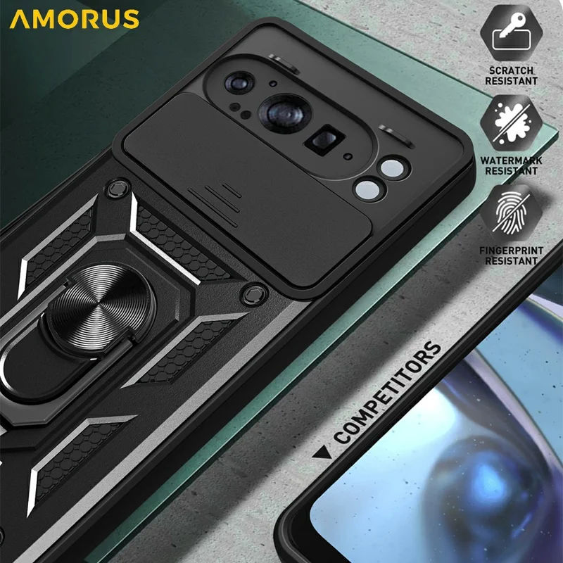 AMORUS For Google Pixel 9 Pro XL Case Kickstand PC + TPU Phone Cover with Camera Lens Slider - Black