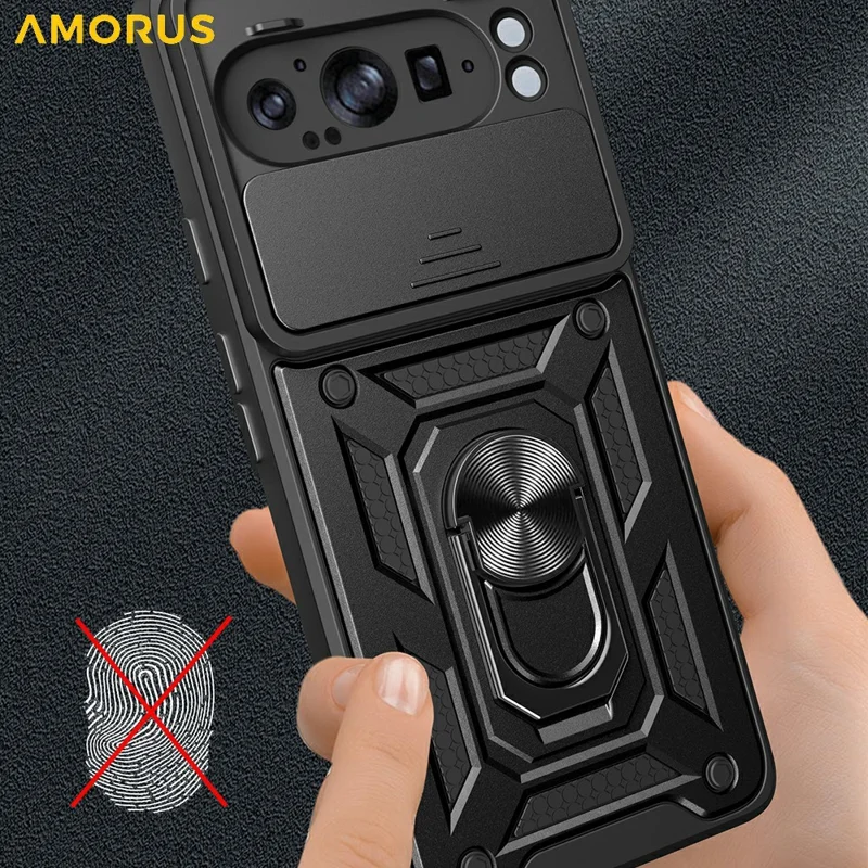 AMORUS For Google Pixel 9 Pro XL Case Kickstand PC + TPU Phone Cover with Camera Lens Slider - Black