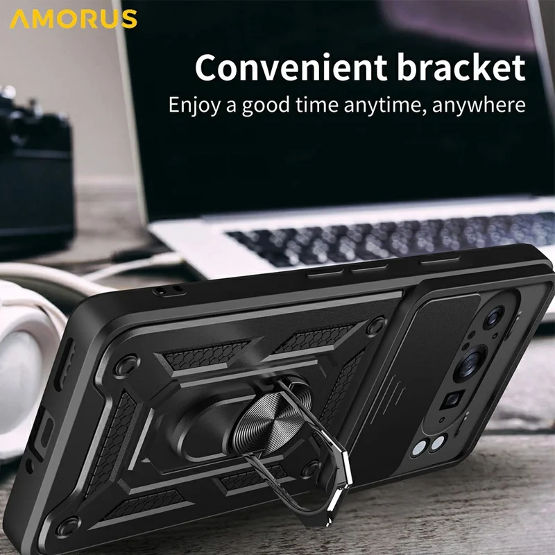 AMORUS For Google Pixel 9 Pro XL Case Kickstand PC + TPU Phone Cover with Camera Lens Slider - Black