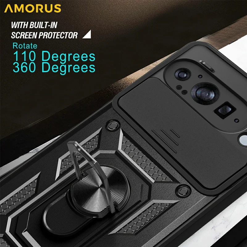 AMORUS For Google Pixel 9 Pro XL Case Kickstand PC + TPU Phone Cover with Camera Lens Slider - Black