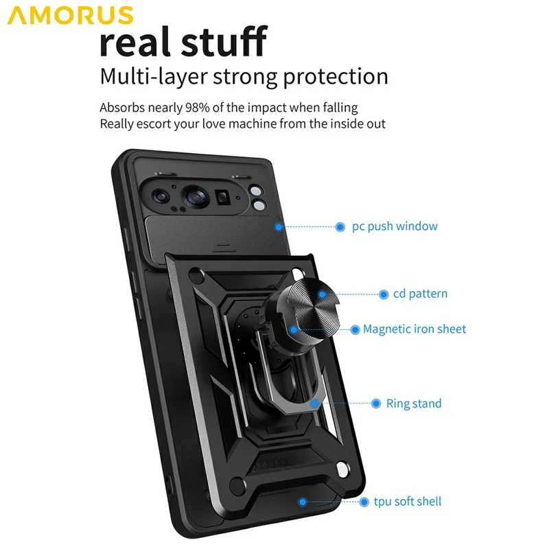 AMORUS For Google Pixel 9 Pro XL Case Kickstand PC + TPU Phone Cover with Camera Lens Slider - Black