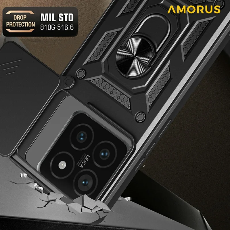 AMORUS For Xiaomi 14T Pro Case Kickstand PC + TPU Phone Cover with Camera Lens Slider - Blue
