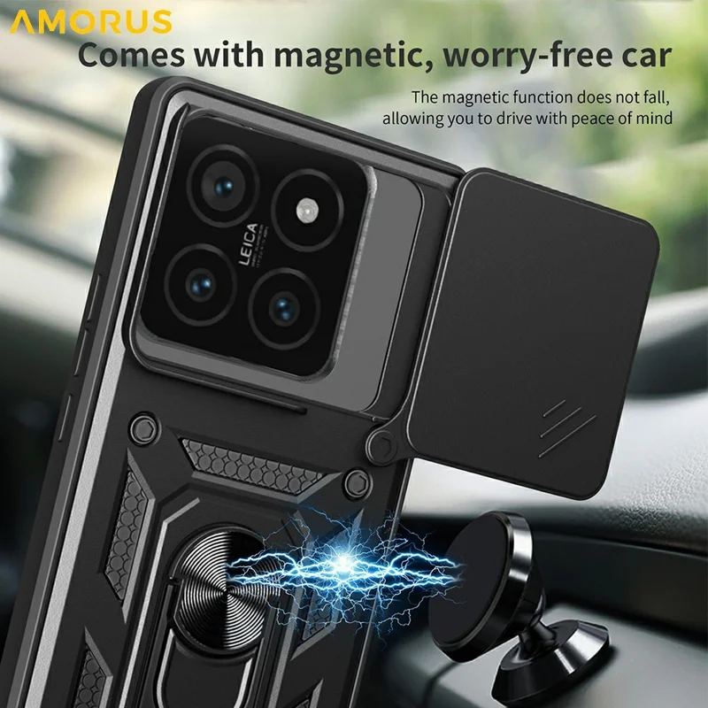 AMORUS For Xiaomi 14T Pro Case Kickstand PC + TPU Phone Cover with Camera Lens Slider - Blue