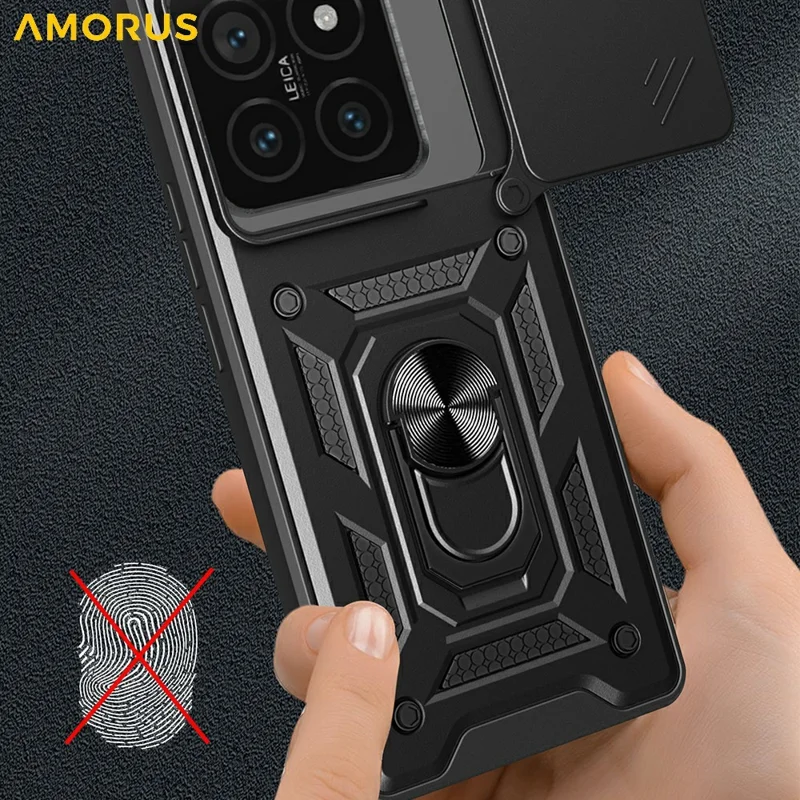AMORUS For Xiaomi 14T Pro Case Kickstand PC + TPU Phone Cover with Camera Lens Slider - Blue