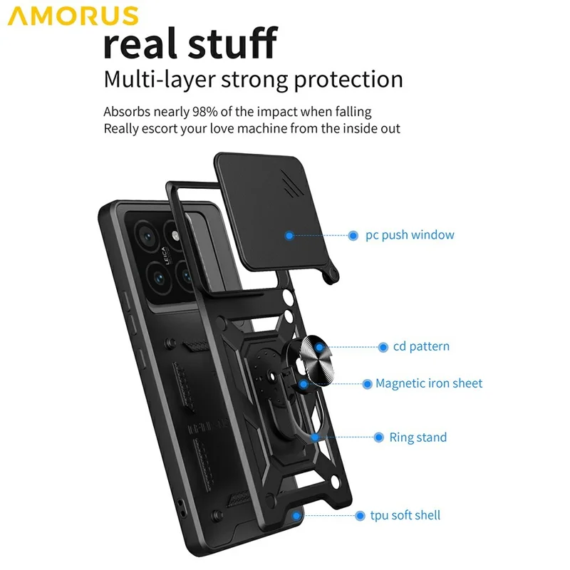 AMORUS For Xiaomi 14T Pro Case Kickstand PC + TPU Phone Cover with Camera Lens Slider - Blue