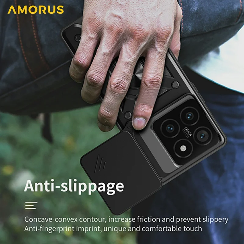 AMORUS For Xiaomi 14T Pro Case Kickstand PC + TPU Phone Cover with Camera Lens Slider - Blue
