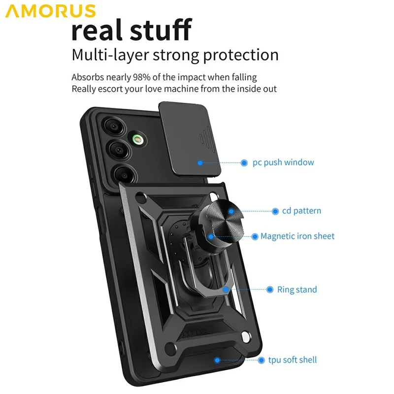 AMORUS For Samsung Galaxy A16 5G / 4G Case Kickstand PC + TPU Phone Cover with Camera Lens Slider - Red