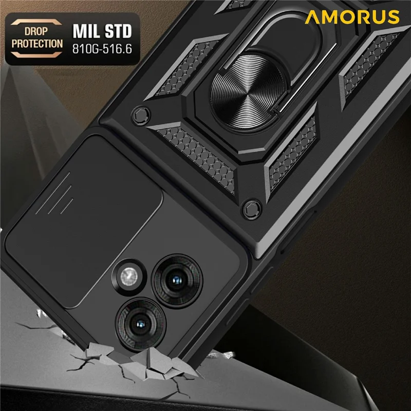 AMORUS For Motorola Moto G55 5G Case Kickstand PC + TPU Phone Cover with Camera Lens Slider - Black