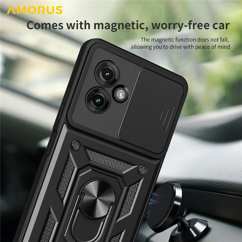 AMORUS For Motorola Moto G55 5G Case Kickstand PC + TPU Phone Cover with Camera Lens Slider - Black