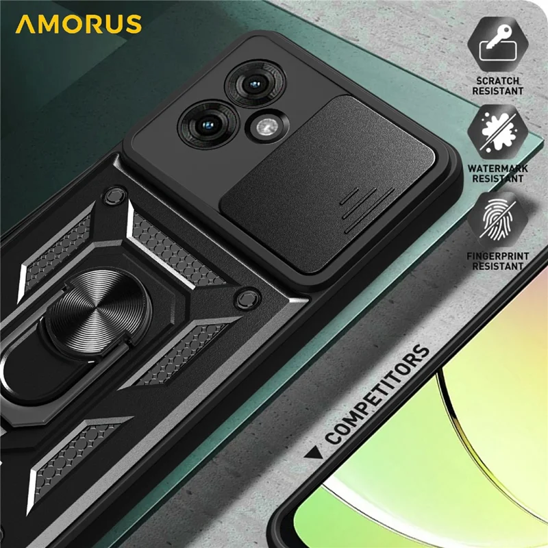 AMORUS For Motorola Moto G55 5G Case Kickstand PC + TPU Phone Cover with Camera Lens Slider - Black