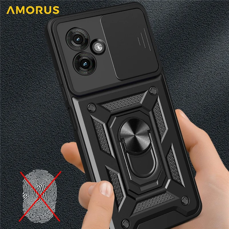 AMORUS For Motorola Moto G55 5G Case Kickstand PC + TPU Phone Cover with Camera Lens Slider - Black