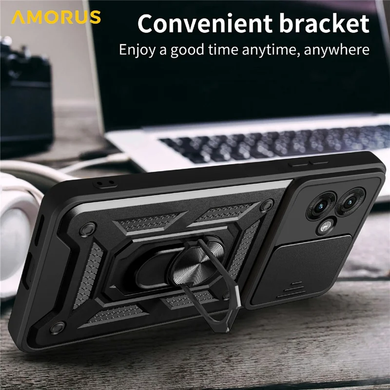 AMORUS For Motorola Moto G55 5G Case Kickstand PC + TPU Phone Cover with Camera Lens Slider - Black