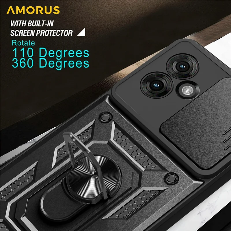 AMORUS For Motorola Moto G55 5G Case Kickstand PC + TPU Phone Cover with Camera Lens Slider - Black
