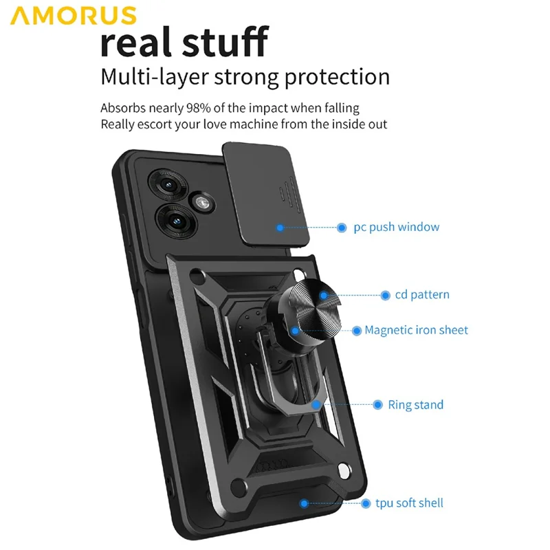 AMORUS For Motorola Moto G55 5G Case Kickstand PC + TPU Phone Cover with Camera Lens Slider - Black