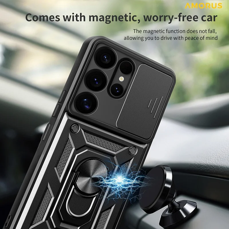 AMORUS For Samsung Galaxy S25 Ultra Case Kickstand PC + TPU Phone Cover with Camera Lens Slider - Black