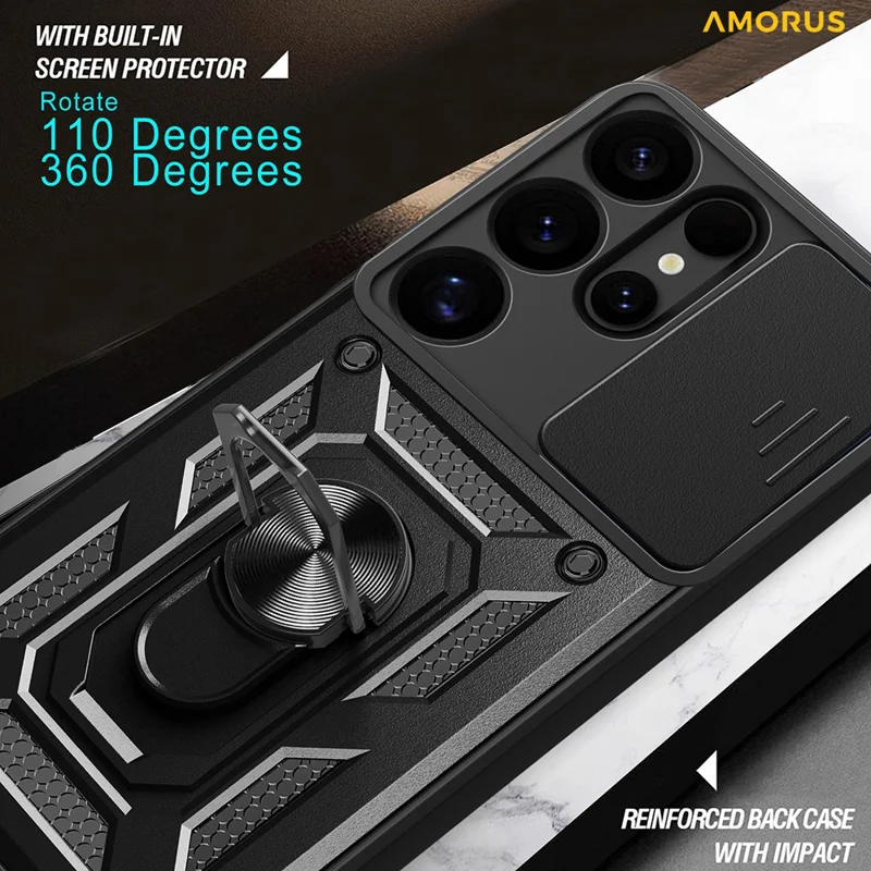 AMORUS For Samsung Galaxy S25 Ultra Case Kickstand PC + TPU Phone Cover with Camera Lens Slider - Black