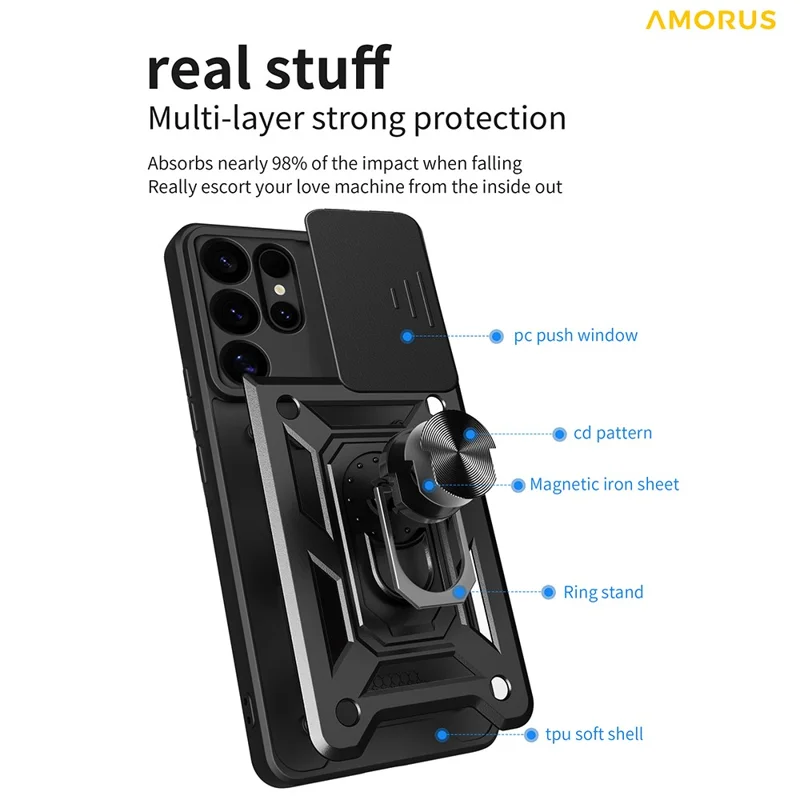 AMORUS For Samsung Galaxy S25 Ultra Case Kickstand PC + TPU Phone Cover with Camera Lens Slider - Black