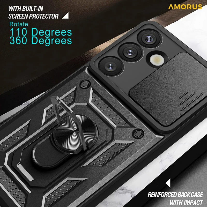 AMORUS Per Samsung Galaxy S25+ Cover con Supporto PC + TPU Custodia per Telefono con Scorrevole Lenti Fotocamera - Blu