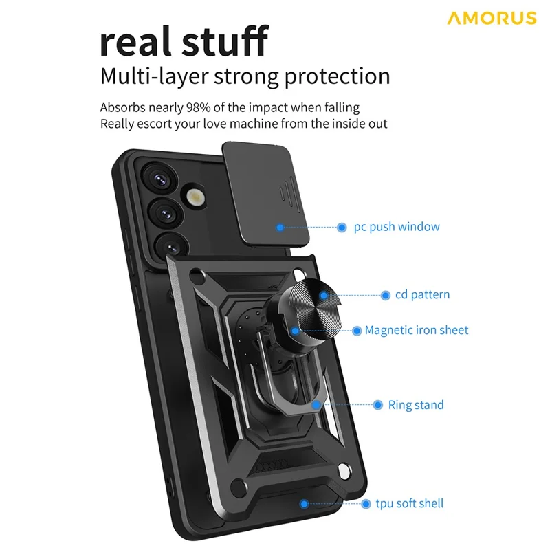 AMORUS Per Samsung Galaxy S25+ Cover con Supporto PC + TPU Custodia per Telefono con Scorrevole Lenti Fotocamera - Blu