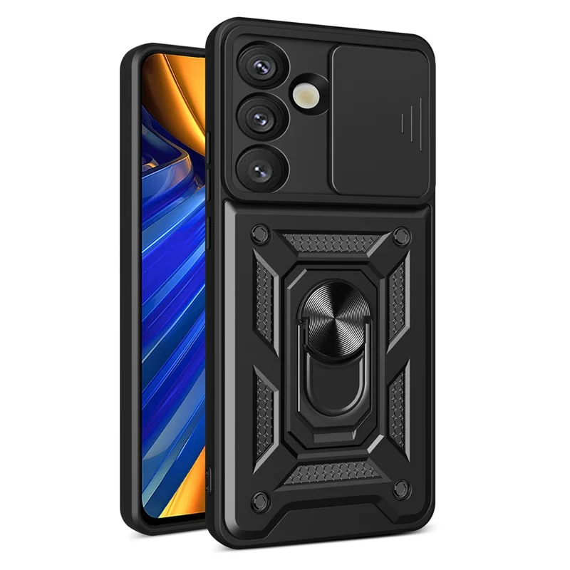 AMORUS For Samsung Galaxy S25 Case Kickstand PC + TPU Phone Cover with Camera Lens Slider - Black