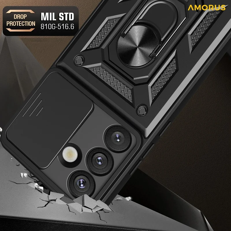 AMORUS For Samsung Galaxy S25 Case Kickstand PC + TPU Phone Cover with Camera Lens Slider - Black