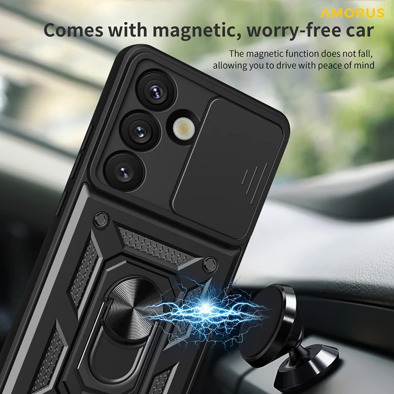 AMORUS For Samsung Galaxy S25 Case Kickstand PC + TPU Phone Cover with Camera Lens Slider - Black