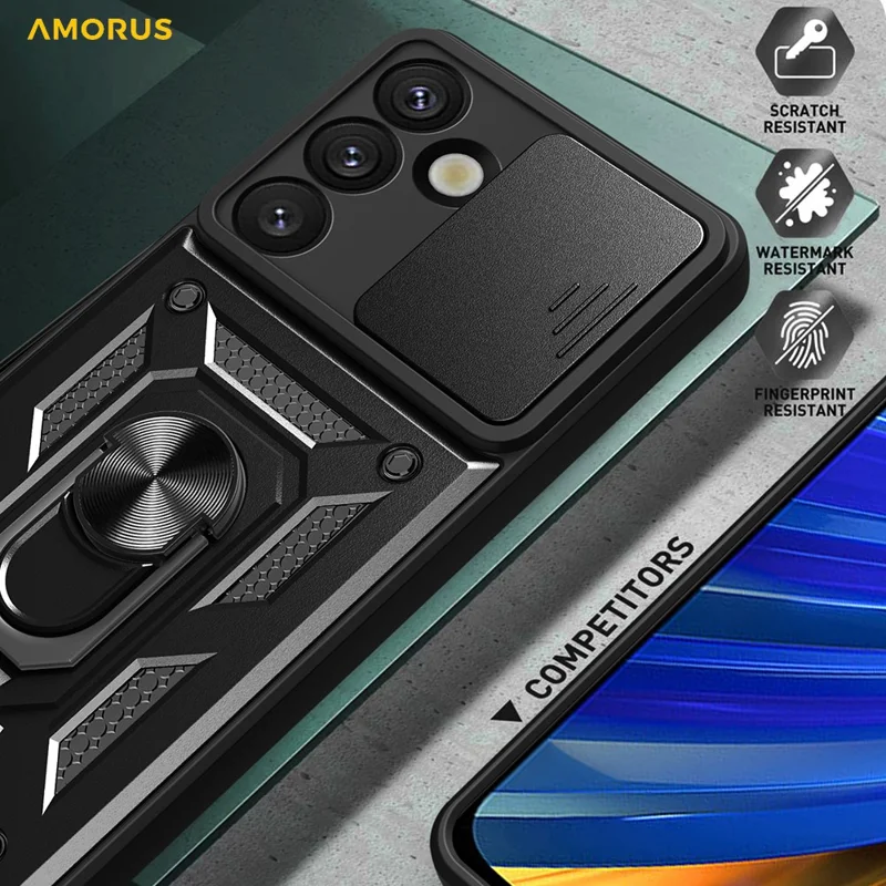 AMORUS For Samsung Galaxy S25 Case Kickstand PC + TPU Phone Cover with Camera Lens Slider - Black