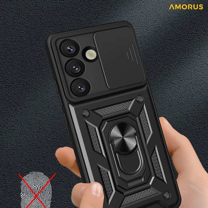 AMORUS For Samsung Galaxy S25 Case Kickstand PC + TPU Phone Cover with Camera Lens Slider - Black