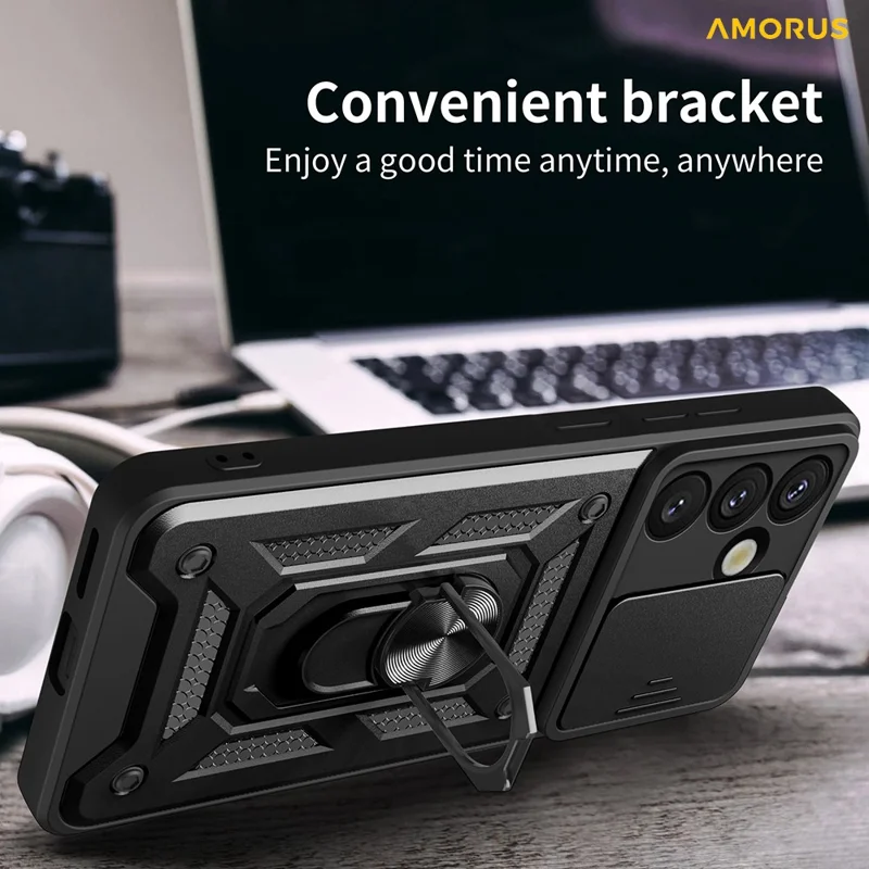 AMORUS For Samsung Galaxy S25 Case Kickstand PC + TPU Phone Cover with Camera Lens Slider - Black