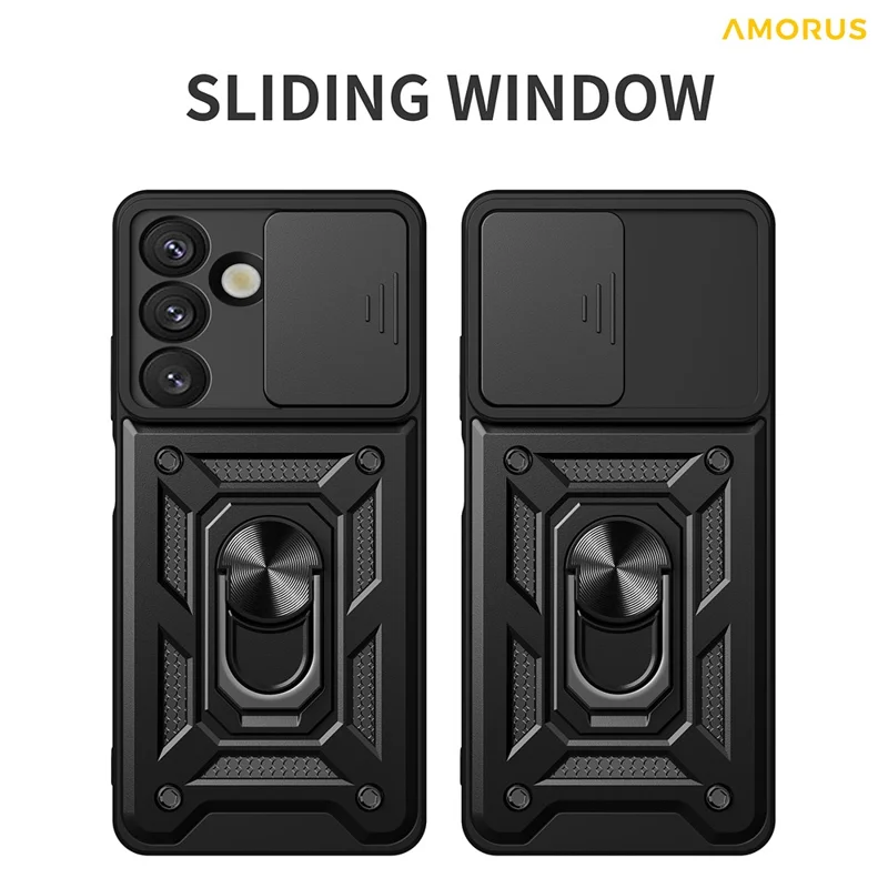 AMORUS For Samsung Galaxy S25 Case Kickstand PC + TPU Phone Cover with Camera Lens Slider - Red