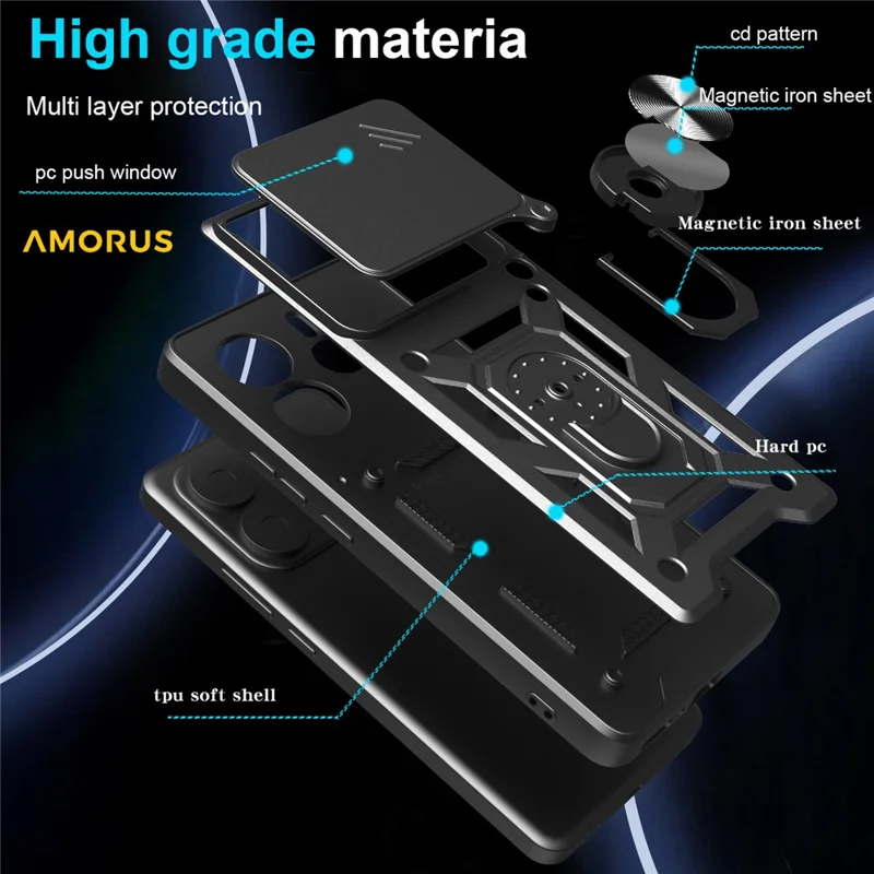 AMORUS For Xiaomi Redmi Note 14 5G Case Kickstand PC + TPU Phone Cover with Camera Lens Slider - Black