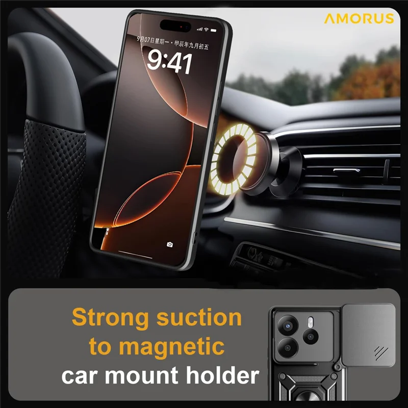 AMORUS For Xiaomi Redmi Note 14 5G Case Kickstand PC + TPU Phone Cover with Camera Lens Slider - Black