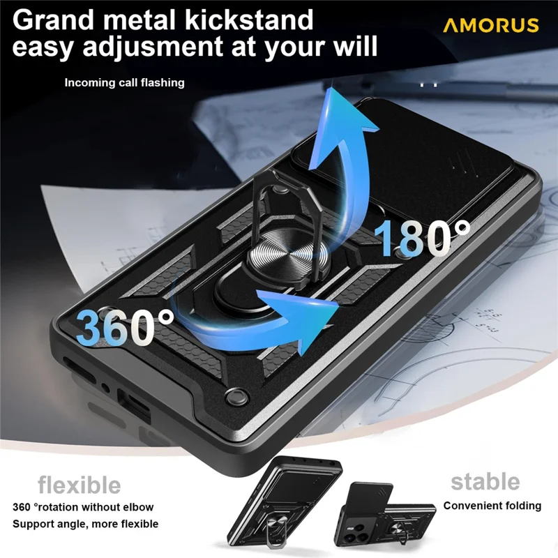 AMORUS For Xiaomi Redmi Note 14 5G Case Kickstand PC + TPU Phone Cover with Camera Lens Slider - Black