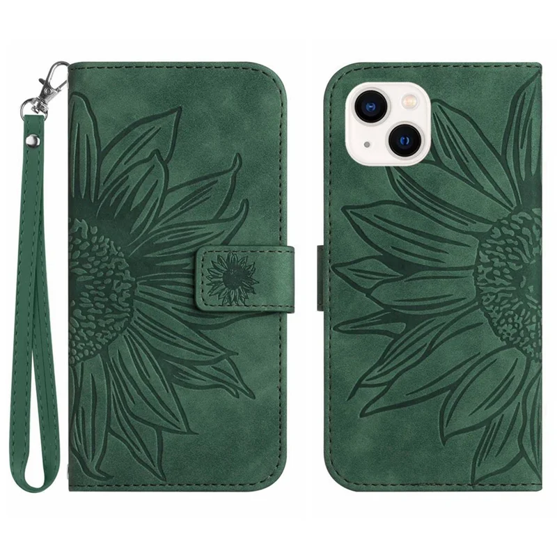 Skin-Touch Feeling Flip Phone Case for iPhone 13 mini, HT04 Imprinted Sunflower Stand PU Leather Magnetic Wallet Cover with Strap - Dark Green