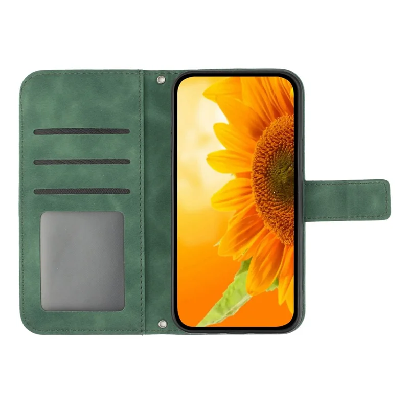 Skin-Touch Feeling Flip Phone Case for iPhone 13 mini, HT04 Imprinted Sunflower Stand PU Leather Magnetic Wallet Cover with Strap - Dark Green