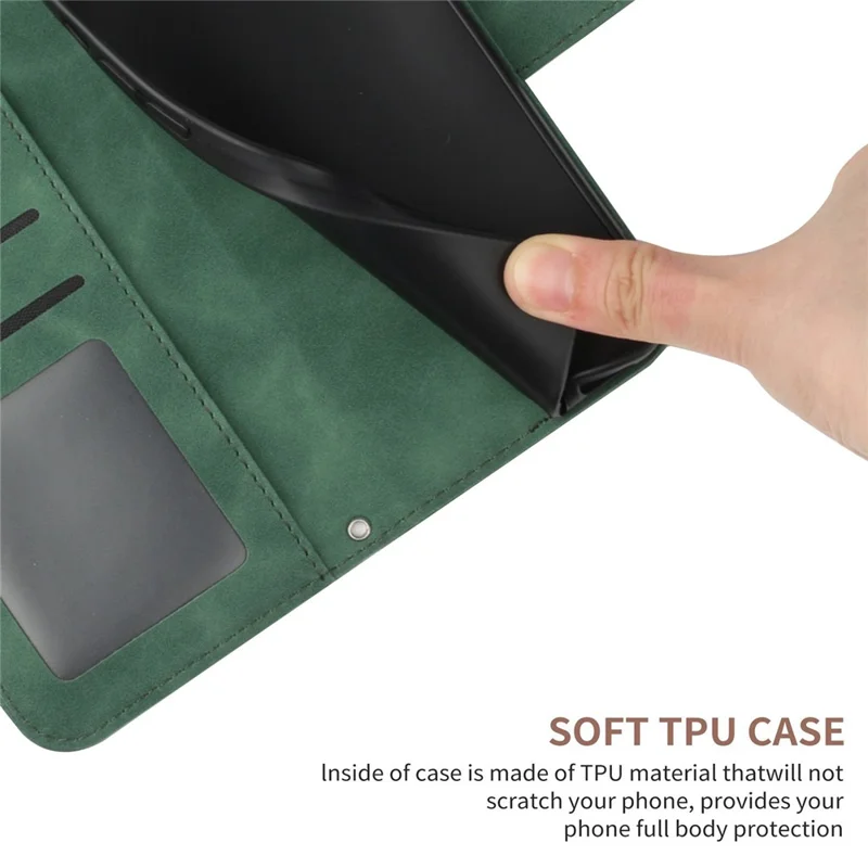 Skin-Touch Feeling Flip Phone Case for iPhone 13 mini, HT04 Imprinted Sunflower Stand PU Leather Magnetic Wallet Cover with Strap - Dark Green
