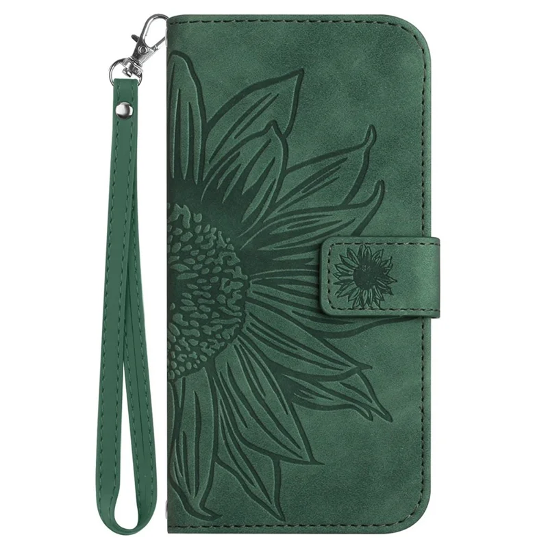 Skin-Touch Feeling Flip Phone Case for iPhone 13 mini, HT04 Imprinted Sunflower Stand PU Leather Magnetic Wallet Cover with Strap - Dark Green