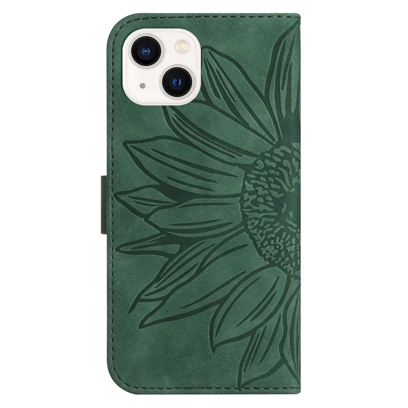 Skin-Touch Feeling Flip Phone Case for iPhone 13 mini, HT04 Imprinted Sunflower Stand PU Leather Magnetic Wallet Cover with Strap - Dark Green