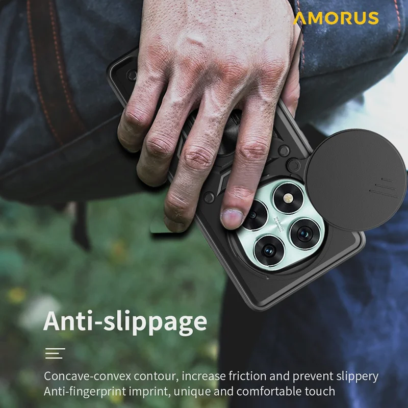 AMORUS For Xiaomi Redmi Note 14 Pro 5G / Poco X7 5G Case Kickstand PC + TPU Phone Cover with Camera Lens Slider - Black
