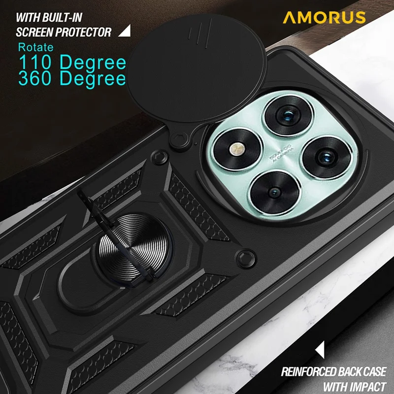 AMORUS For Xiaomi Redmi Note 14 Pro 5G / Poco X7 5G Case Kickstand PC + TPU Phone Cover with Camera Lens Slider - Black