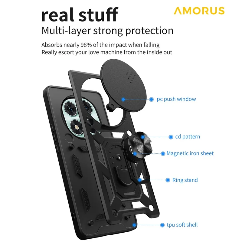 AMORUS For Xiaomi Redmi Note 14 Pro 5G / Poco X7 5G Case Kickstand PC + TPU Phone Cover with Camera Lens Slider - Black